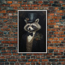 Distinguished Dapper Gentleman Raccoon, Funny Animal Prints, Humorous Art, Framed Canvas, Wall Art, Canvas Print, Funny Halloween Decor