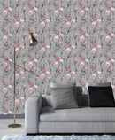 Modish Grey Wallpaper with Pink Flowers