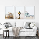 Surfer on the Sand Wall Art Set. Yellow Bus, Lifeguard Tower