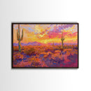 Desert Cactus Sunset Painting Framed Canvas Print, Western Decor, Southwest Wall Art, Arizona Painting, Landscape Painting, Farmhouse Decor