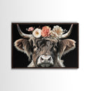 Framed Highland Cow With Flowers Painting canvas print Farmhouse art Cattle Wooden background Country wall art Cow print Rustic Wall Art