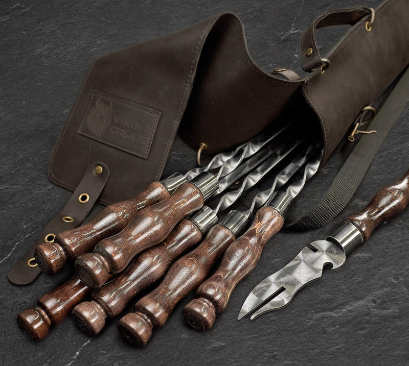 “Hunting Quiver" Camping Accessories BBQ Skewers Set  in a Leather Case, 9 items