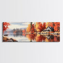 Autumn Cozy Cabin on The Lake, Framed Canvas Print, Farmhouse Decor, Landscape Painting, Unique Wall Art, Fall Decor