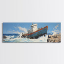Man Vs. Ocean, Tugboat Crashing On The Rockets, Framed Canvas Print, Nautical Decor, Nautical Centerpiece