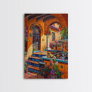 Colorful Mediterranean Courtyard Framed Canvas Print Spanish Tile Art Best Gift Idea Home Decor Above Sofa Wall Art Bright Seasonal Decor