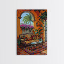 Mediterranean Courtyard Lounge Framed Canvas Print Spanish Style Home Decor Best Gift Bright Seasonal Art Above Sofa Wall Art