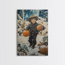 Cowboy Christmas Decor Framed Canvas Print with Pumpkin in Snow, Rustic Holiday Home Wall Art and Seasonal Gift Idea 2024