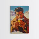 Cowboy Drinking Coffee in Winter Cabin Framed Canvas Print - Cozy Christmas Wall Art 2024 Rustic Holiday Decor