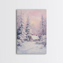Pink Snowy Cabin Landscape Framed Canvas Print Wall Art Winter Wonderland Decor, Christmas Art Gift, Rustic Winter Scene Art