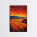Golden Fields and Barn Framed Canvas Print, Pastoral Landscape with Mountains Grazing Cows, Rustic Fall Wall Art Farmhouse Ranch Style Decor