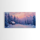 Cozy Cabin Surrounded By Winter Trees Tall Art Framed Canvas Print Serene Snowy Forest Cabin Landscape With Warm Interior Lights
