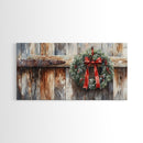 Rustic Wreath Red Ribbon Canvas Print Christmas Door Decor Farmhouse Christmas Wall Art Framed Canvas Print Christmas Outdoor Decor
