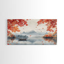Mountain lake autumn art, fall leaves and boat decor, peaceful autumn landscape, serene fall wall art, framed canvas print, autumn decor