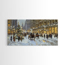 Bustling Christmas Street Scene Tall Art Framed Canvas Print Vintage Winter Holiday Scene With Horse-Drawn Carriages And Festive Lights