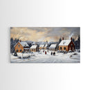 Snowy Village Church Scene, Rustic Christmas Landscape Wall Art, Winter Wonderland Framed Canvas Print, Country Holiday Home Decor