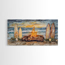 Surfboards And Bonfire On The Beach At Sunset, Tropical Coastal Wall Art, Beach Christmas Decor, Framed Canvas Print