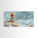 Coastal Christmas Lighthouse Decor Framed Canvas Print, Snowy Beach Scene with Holiday Wreath and Lighthouse Winter Wall Art