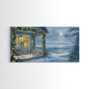 Rustic snowy mountain cabin with Christmas lights, Framed Canvas Print a cozy winter scene, perfect for winter wonderland wall decor