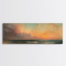 North Beach at Sunset, Framed Canvas Print, Beautiful Panoramic Seascape Painting, Boho / Minimalist Home Decor, Rustic Beach Art