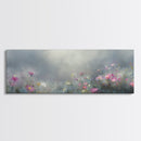 Moody Wild Flowers Under a Cloudy Sky, Panoramic Framed Canvas Print, Nature Decor, Boho Floral Wall Art, Flower Painting Gift For Her