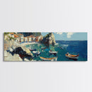 Italian Fishing Village, Vintage Style Canvas Print, Wood Framed Panoramic Wall Art, Italy Vacation Gift, Travel Gift Idea, Impressonist Seascape