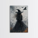 The Witch and her Crows, Framed Canvas print, Spooky Season Halloween Wall Art, Gothic Home Decor, Witch Wall Art, Halloween Art