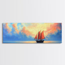 Japanese Sailboat on a Calm Sea, Framed Canvas Print, Panoramic Seascape Landscape Painting, Nautical Home Decor, Ocean Painting