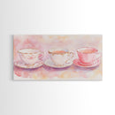 Vintage Tea Cups Artwork with Pink Wall Art Vibes on Framed Canvas Print, Cottagecore Style Kitchen or Dining Room Decor Gift