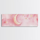 Crescent Moon with Stars Painting, Canvas Print, Light Pink Whimsical Wall Art, Nursery Aesthetic Artwork, Minimalist Cozy Decor