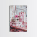 Vintage Vanity Decor Canvas Print, Pink Floral Art, Feminine Bedroom Wall Art, Cottagecore Rustic Aesthetic, Gift Idea, Light Pink Art