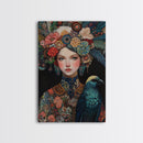 Goddess Art Framed Canvas Print Featuring Whimsical Floral Headdress and Bird Art, Boho Bedroom Art with Vibrant Chinoiserie Vibes