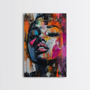 Vibrant Abstract Face Framed Canvas Print, Moody Woman Wall Art, Boho Living Room Decor, Gift Idea for Her, Unique Rustic Art