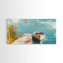 Wooden dock, rowboat, lake, marsh painting, fisherman painting, coastal decor, rustic wall art, framed canvas print, guest room art
