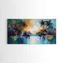 Tropical Sunset, Canvas Print, palm tree painting, coastal decor, wildflower painting, extra wide art, beach wall art