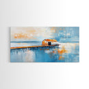 Dock, rustic barn, reflection, Canvas Print, barn landscape oil painting, coastal decor, nautical painting, panoramic art