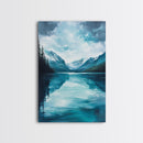 Serene Lake Reflection, lake Tahoe art, panoramic painting, above couch art, blue and green wall art, Framed Canvas Print