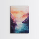 coastal decor, mountain painting, pink orange wall art, sunrise painting, landscape painting, Framed Canvas Print, abstract wall art