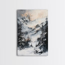Snowy Mountain Scene Canvas Print Winter Wonderland Wall Art, Alpine Landscape Painting, Cozy Cabin Decor, Neutral Holiday Artwork