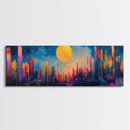 Neon Moon Fantasy Canvas Print - Vibrant Sci-Fi Cityscape Painting, Psychedelic Wall Art, Trippy Room Aesthetic, Urban Decor
