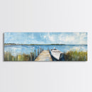 Lakeside Dock Framed Canvas Print Tranquil Waterfront Art Boat Painting Relaxing Cabin Decor Nautical Wall Art Rustic Living Room