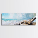 Driftwood on the Beach, Tranquil Coastal Landscape Wall Art, Serene Ocean Painting, Minimalist Seascape Decor, Relaxing Artwork