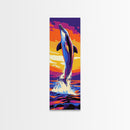 Dolphin Jump, Ocean Sunset Art, Framed Canvas Print, Vibrant Marine Life, Coastal Home Decor, Sea Animal Art, Beach House Wall Art