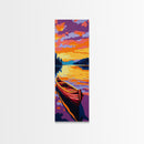 Wooden Canoe, Sunset Waters, Framed Canvas Print, Boho Wall Art, Lakehouse Decor, Vibrant Nature Painting, Living Room Artwork