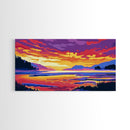 Serene River Sunset, Framed Canvas Print, Peaceful Landscape Art, Vibrant Nature Painting, Cabin Decor, Boho Aesthetic, Office Art
