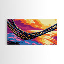 Hammock by Water, Sunset Serenity, Framed Canvas Print, Relaxing Boho Art, Coastal Home Decor, Tranquil Wall Scene, Warm Colors