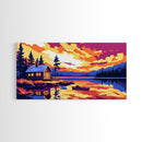Cabin Lake, Sunset Reflection, Framed Canvas Print, Cozy Cottage Wall Art, Nature Landscape Painting, Fall Vibes, Living Room Art