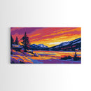 Snowy Sunset, Cabin Art, Winter Landscape, Cozy Lodge Decor, Scenic Mountain View, Rustic Living Room, Framed Canvas Print