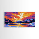 Frozen River, Mountain Sunset, Winter Landscape, Nature Wall Art, Cozy Home Aesthetic, Seasonal Framed Canvas Print