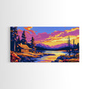 Log Cabin, River Sunset, Cozy Home Decor, Vibrant Nature Art, Framed Canvas Print, Rustic Wall Artwork, Mountain Scene