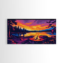 Campfire, Lake Sunset, Cozy Cabin Art, Vibrant Nature Scene, Framed Canvas Print, Outdoor Adventure Art, Rustic Home Decor